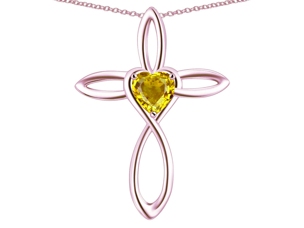 Star K 14k Gold Infinity Love Cross with Genuine Citrine Heart Stone Pendant Necklace