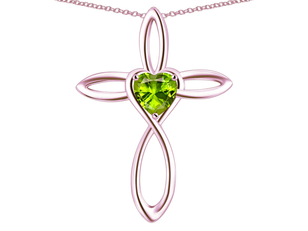 Star K 14k Gold Infinity Love Cross with Genuine Peridot Heart Stone Pendant Necklace