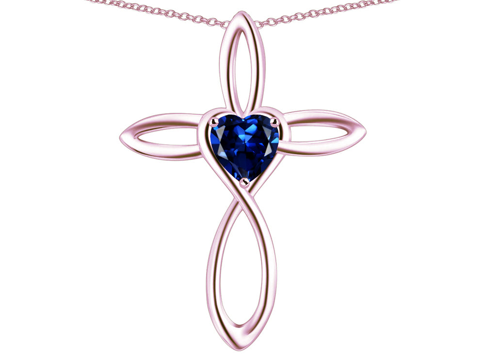Star K 14k Gold Infinity Love Cross with Created Sapphire Heart Stone Pendant Necklace