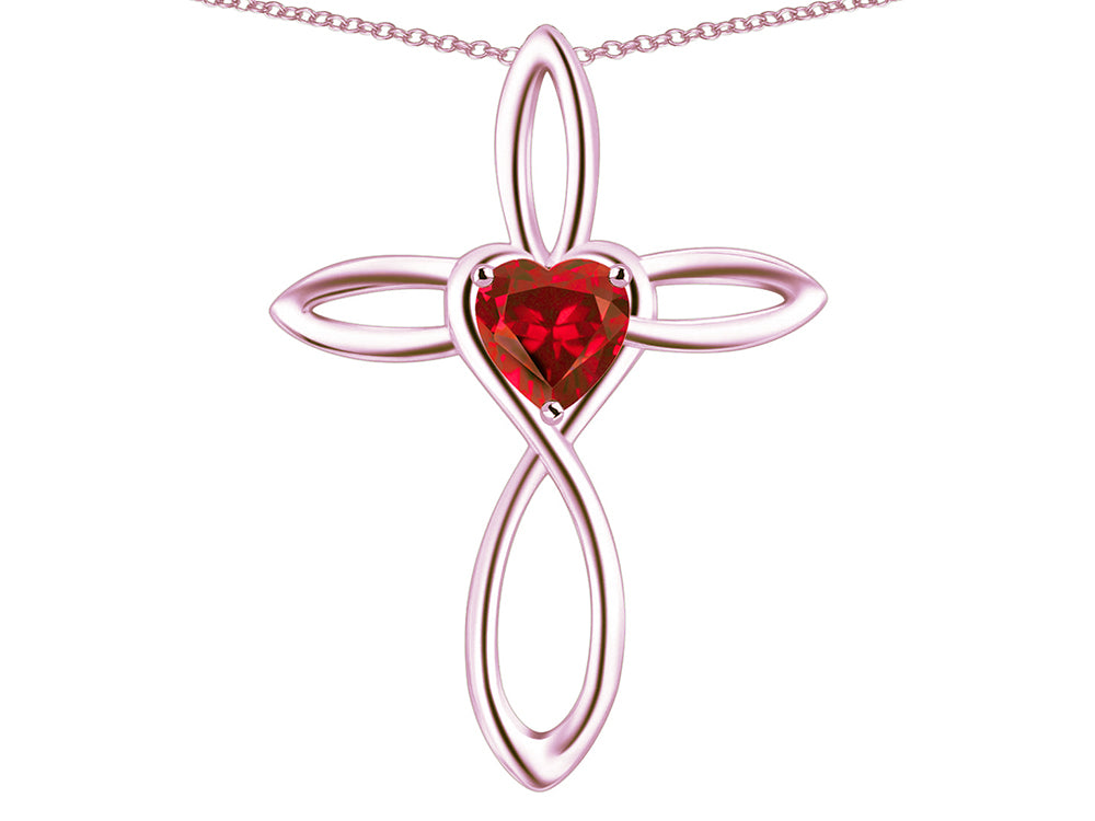 Star K 14k Gold Infinity Love Cross with Created Ruby Heart Stone Pendant Necklace