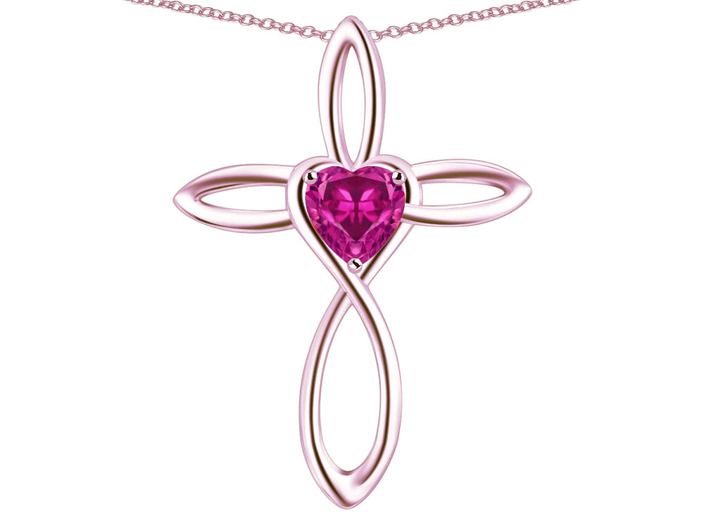 Star K 14k Gold Infinity Love Cross with Simulated Pink Tourmaline Heart Stone Pendant Necklace