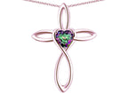 Star K 14k Gold Infinity Love Cross with Rainbow Mystic Topaz Heart Stone Pendant Necklace