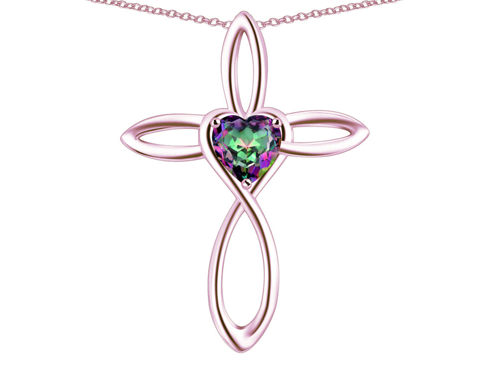 Star K 14k Gold Infinity Love Cross with Rainbow Mystic Topaz Heart Stone Pendant Necklace