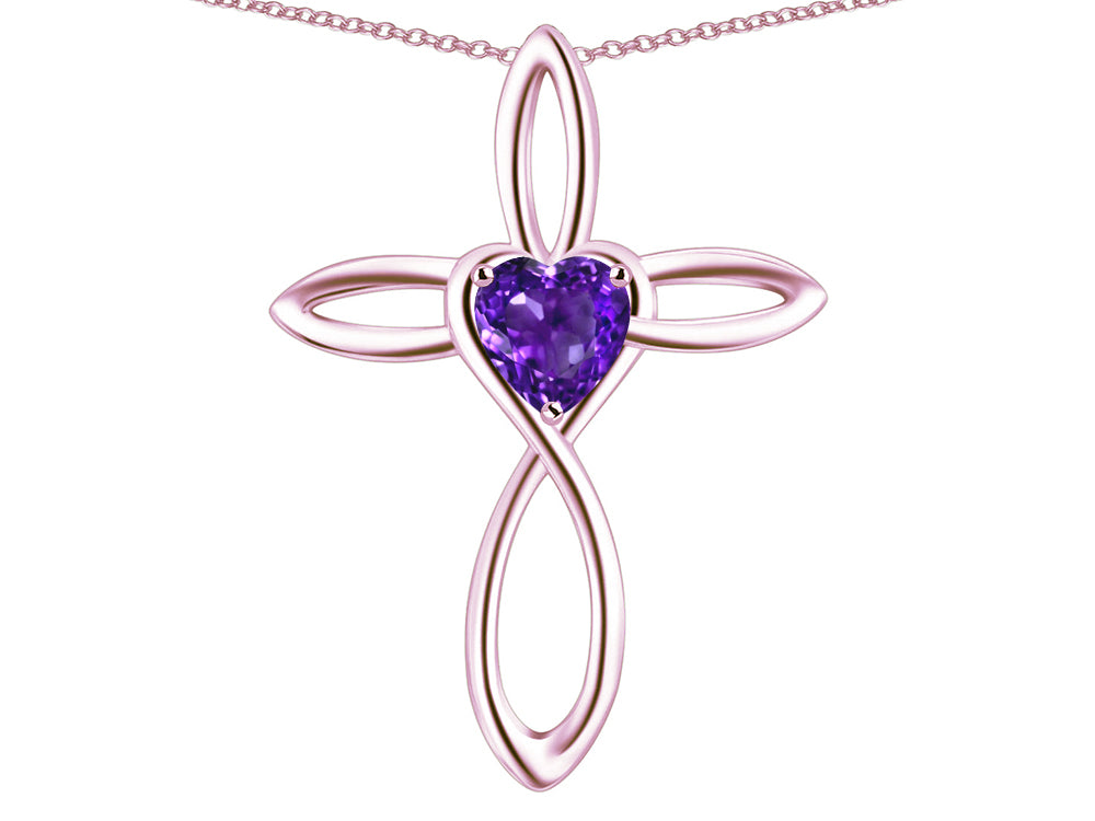 Star K 10k Gold Infinity Love Cross with Genuine Amethyst Heart Stone Pendant Necklace