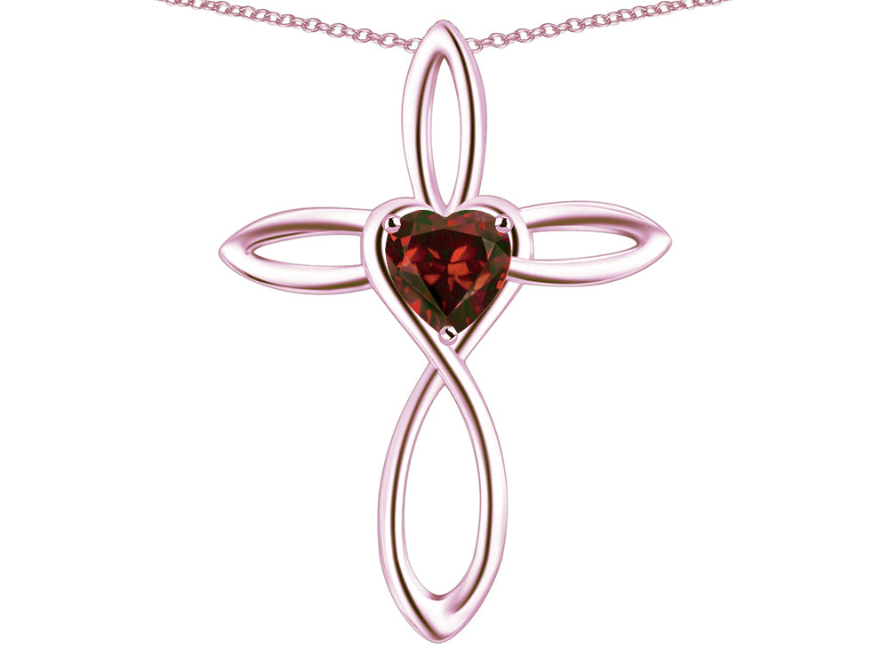 Star K 10k Gold Infinity Love Cross with Genuine Garnet Heart Stone Pendant Necklace