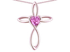 Star K 10k Gold Infinity Love Cross with Created Pink Sapphire Heart Stone Pendant Necklace