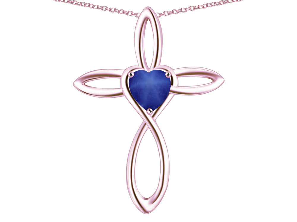 Star K 10k Gold Infinity Love Cross with Created Star Sapphire Heart Stone Pendant Necklace