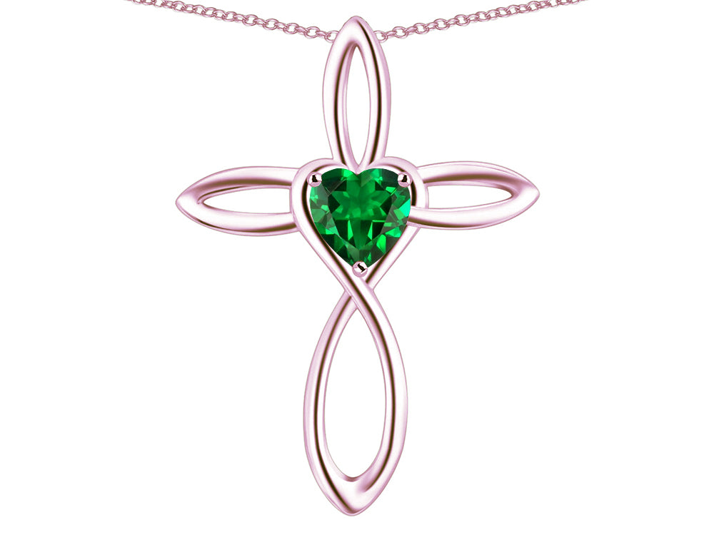 Star K 10k Gold Infinity Love Cross with Simulated Emerald Heart Stone Pendant Necklace