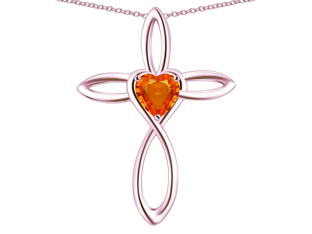 Star K 10k Gold Infinity Love Cross with Simulated Fire Opal Heart Stone Pendant Necklace