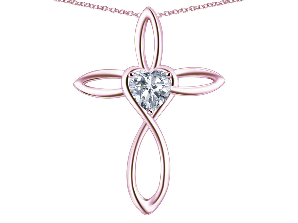 Star K 10k Gold Infinity Love Cross with Genuine White Topaz Heart Stone Pendant Necklace