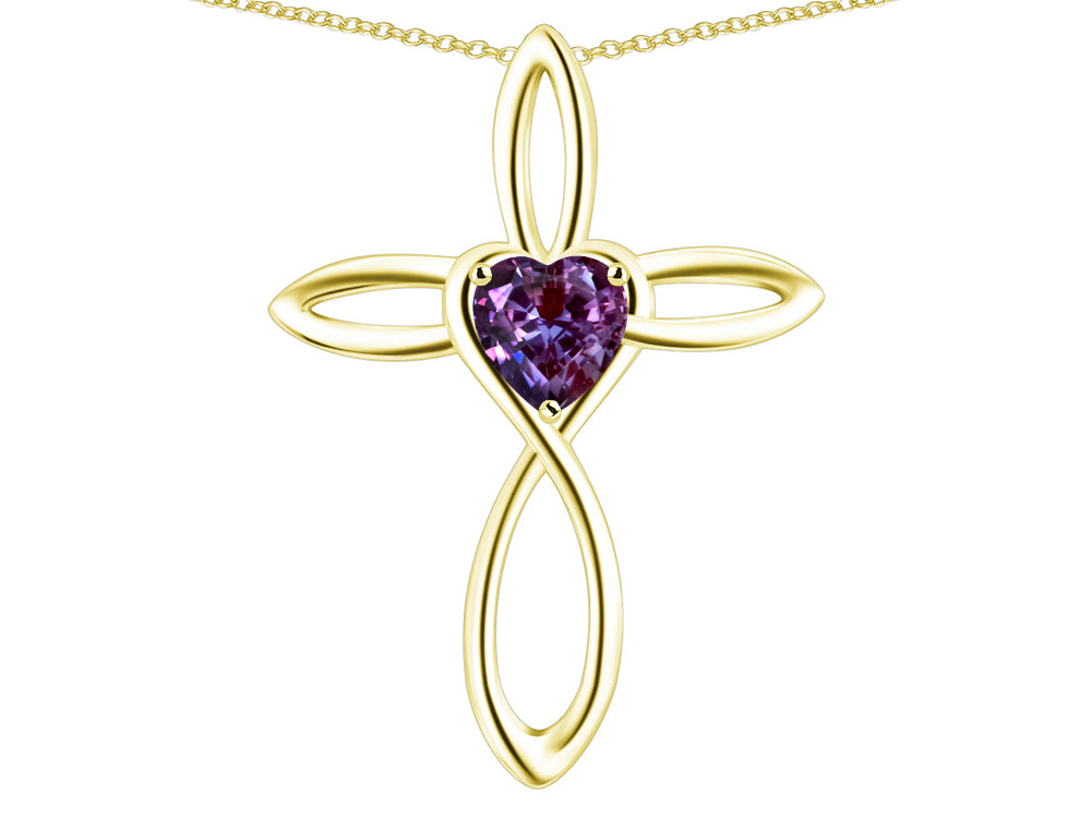 Star K 14k Gold Infinity Love Cross with Simulated Alexandrite Heart Stone Pendant Necklace