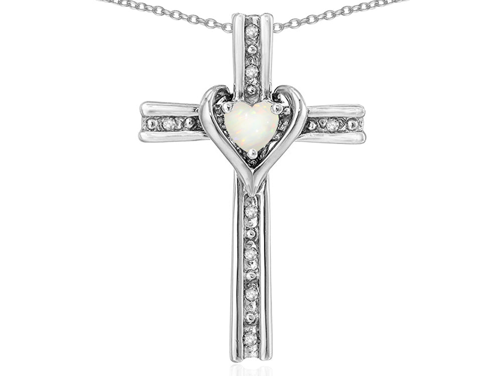 Star K 14k Gold Two Tone Love Cross with Genuine Opal Heart Stone Pendant Necklace