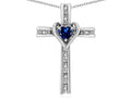 Star K 14k Gold Two Tone Love Cross with Created Sapphire Heart Stone Pendant Necklace