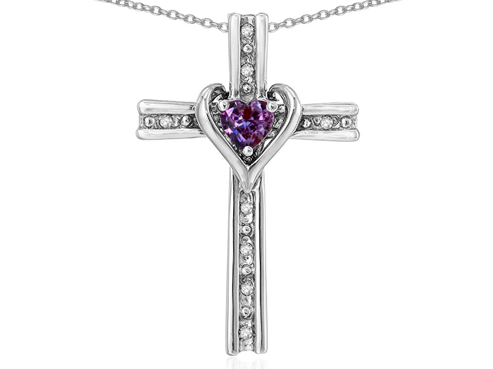 Star K 14k Gold Two Tone Love Cross with Simulated Alexandrite Heart Stone Pendant Necklace