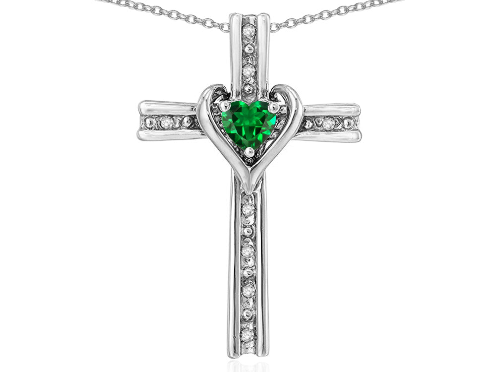 Star K 14k Gold Two Tone Love Cross with Simulated Emerald Heart Stone Pendant Necklace