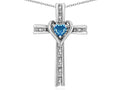 Star K 10k Gold Two Tone Love Cross with Genuine Blue Topaz Heart Stone Pendant Necklace