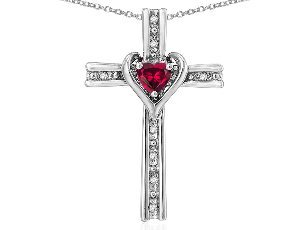 Star K 10k Gold Two Tone Love Cross with Created Ruby Heart Stone Pendant Necklace