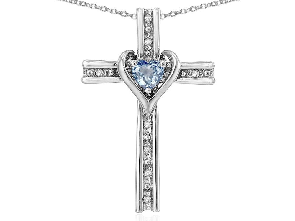 Star K 10k Gold Two Tone Love Cross with Simulated Aquamarine Heart Stone Pendant Necklace