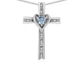 Star K 10k Gold Two Tone Love Cross with Simulated Aquamarine Heart Stone Pendant Necklace