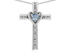 Star K 10k Gold Two Tone Love Cross with Simulated Aquamarine Heart Stone Pendant Necklace