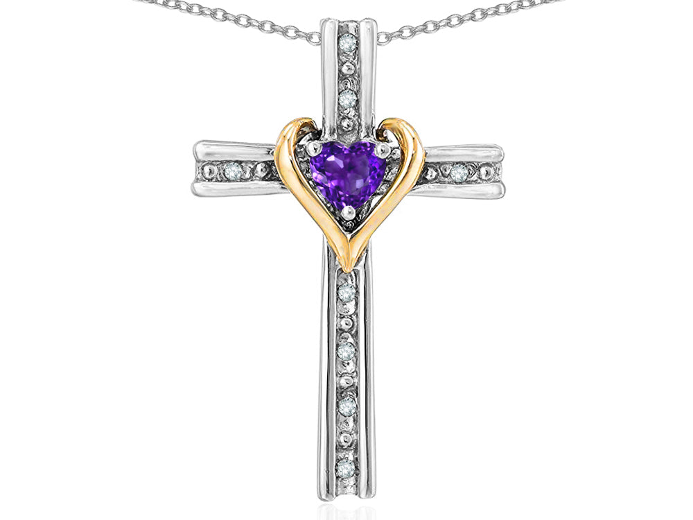 Star K 14k Yellow Gold Two Tone Love Cross with Genuine Amethyst Heart Stone Pendant Necklace 16 x 25mm