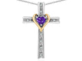 Star K 14k Yellow Gold Two Tone Love Cross with Genuine Amethyst Heart Stone Pendant Necklace 16 x 25mm
