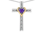 Star K 14k Yellow Gold Two Tone Love Cross with Genuine Amethyst Heart Stone Pendant Necklace 16 x 25mm