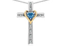Star K 14k Yellow Gold Two Tone Love Cross with Genuine Blue Topaz Heart Stone Pendant Necklace 16 x 25mm
