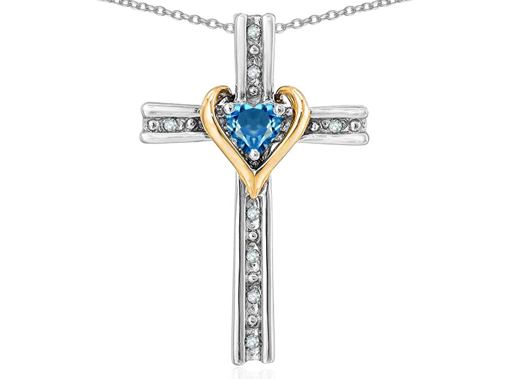 Star K 14k Yellow Gold Two Tone Love Cross with Genuine Blue Topaz Heart Stone Pendant Necklace 16 x 25mm