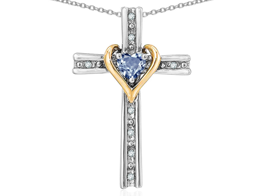 Star K 14k Yellow Gold Two Tone Love Cross with Genuine Sky Blue Topaz Heart Stone Pendant Necklace 16 x 25mm