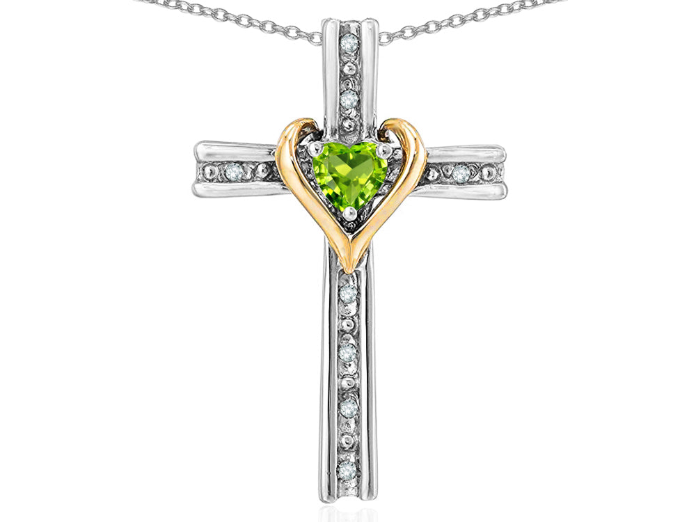 Star K 14k Yellow Gold Two Tone Love Cross with Genuine Peridot Heart Stone Pendant Necklace 16 x 25mm