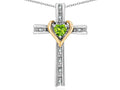 Star K 14k Yellow Gold Two Tone Love Cross with Genuine Peridot Heart Stone Pendant Necklace 16 x 25mm