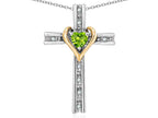 Star K 14k Yellow Gold Two Tone Love Cross with Genuine Peridot Heart Stone Pendant Necklace 16 x 25mm