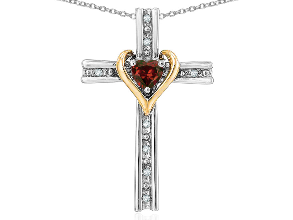 Star K 14k Yellow Gold Two Tone Love Cross with Genuine Garnet Heart Stone Pendant Necklace 16 x 25mm