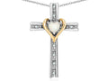 Star K 14k Yellow Gold Two Tone Love Cross with Genuine Opal Heart Stone Pendant Necklace 16 x 25mm