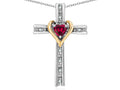 Star K 14k Yellow Gold Two Tone Love Cross with Created Ruby Heart Stone Pendant Necklace 16 x 25mm