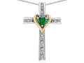 Star K 14k Yellow Gold Two Tone Love Cross with Simulated Emerald Heart Stone Pendant Necklace 16 x 25mm