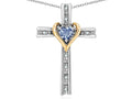 Star K 10k Yellow Gold Two Tone Love Cross with Genuine Sky Blue Topaz Heart Stone Pendant Necklace 16 x 25mm
