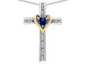 Star K 10k Yellow Gold Two Tone Love Cross with Created Sapphire Heart Stone Pendant Necklace 16 x 25mm