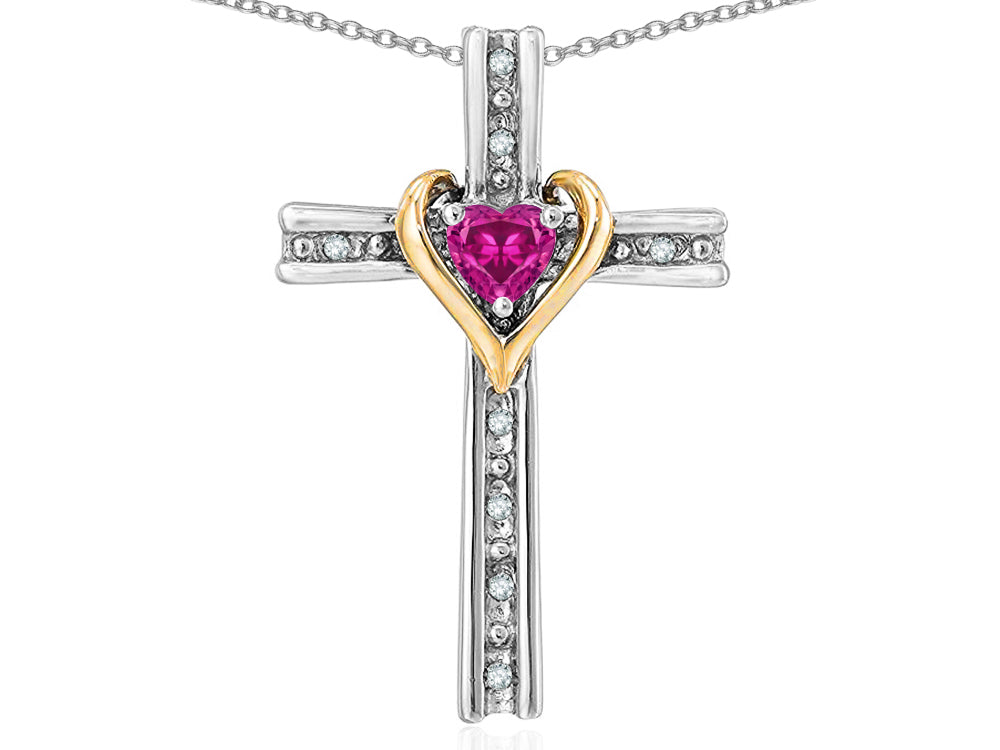 Star K 10k Yellow Gold Two Tone Love Cross with Simulated Pink Tourmaline Heart Stone Pendant Necklace 16 x 25mm
