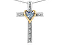 Star K 10k Yellow Gold Two Tone Love Cross with Simulated Aquamarine Heart Stone Pendant Necklace 16 x 25mm