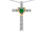 Star K 10k Yellow Gold Two Tone Love Cross with Simulated Emerald Heart Stone Pendant Necklace 16 x 25mm