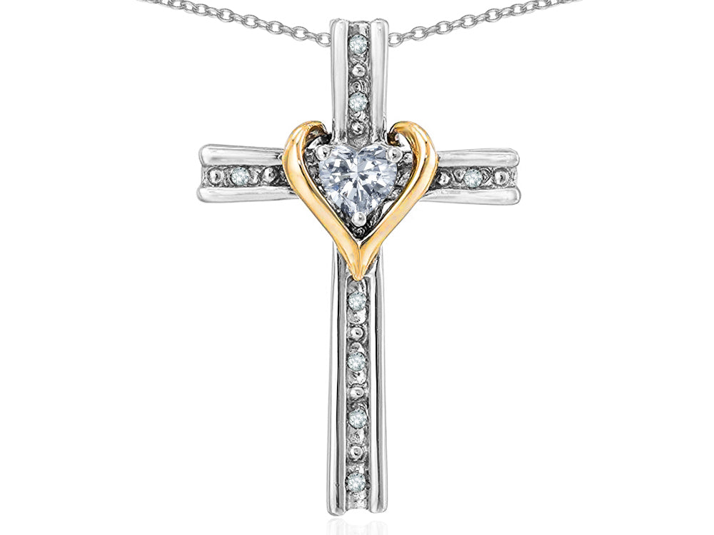 Star K 10k Yellow Gold Two Tone Love Cross with Genuine White Topaz Heart Stone Pendant Necklace 16 x 25mm