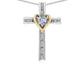 Star K 10k Yellow Gold Two Tone Love Cross with Genuine White Topaz Heart Stone Pendant Necklace 16 x 25mm