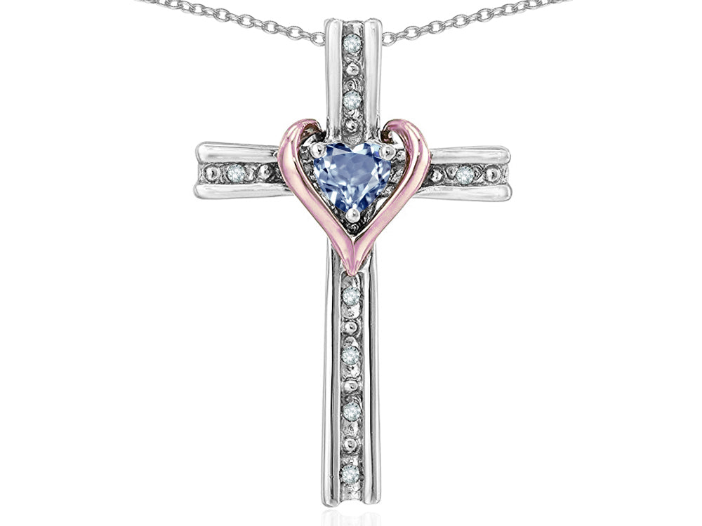 Star K 14k Rose Gold Two Tone Love Cross with Genuine Sky Blue Topaz Heart Stone Pendant Necklace