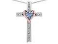 Star K 14k Rose Gold Two Tone Love Cross with Genuine Sky Blue Topaz Heart Stone Pendant Necklace