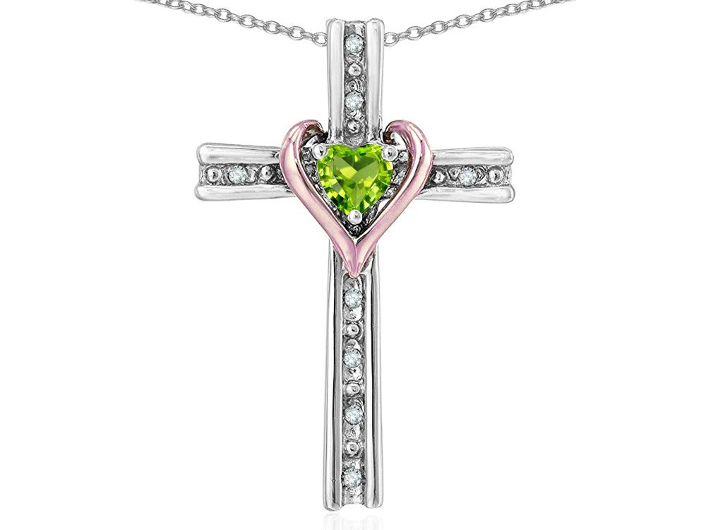 Star K 14k Rose Gold Two Tone Love Cross with Genuine Peridot Heart Stone Pendant Necklace