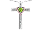 Star K 14k Rose Gold Two Tone Love Cross with Genuine Peridot Heart Stone Pendant Necklace