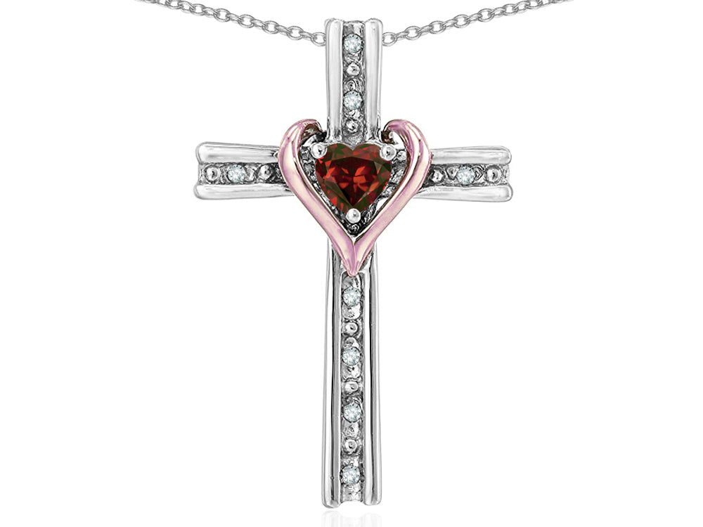 Star K 14k Rose Gold Two Tone Love Cross with Genuine Garnet Heart Stone Pendant Necklace