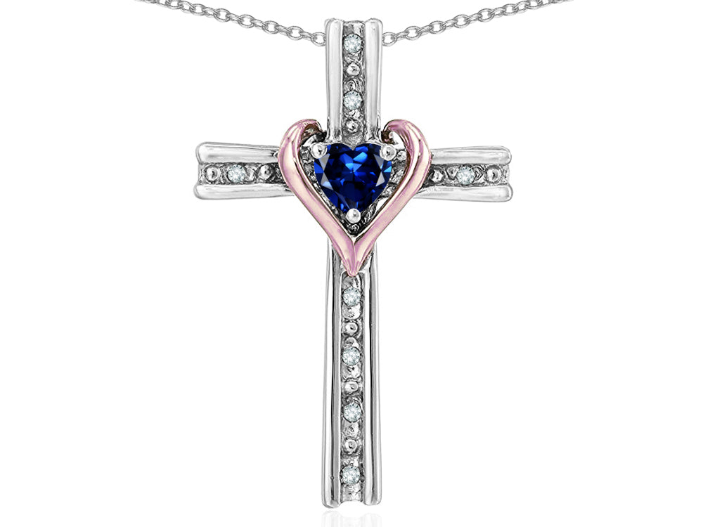 Star K 14k Rose Gold Two Tone Love Cross with Created Sapphire Heart Stone Pendant Necklace